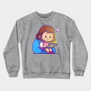 Cute Girl Sitting Playing Laptop Cartoon Crewneck Sweatshirt